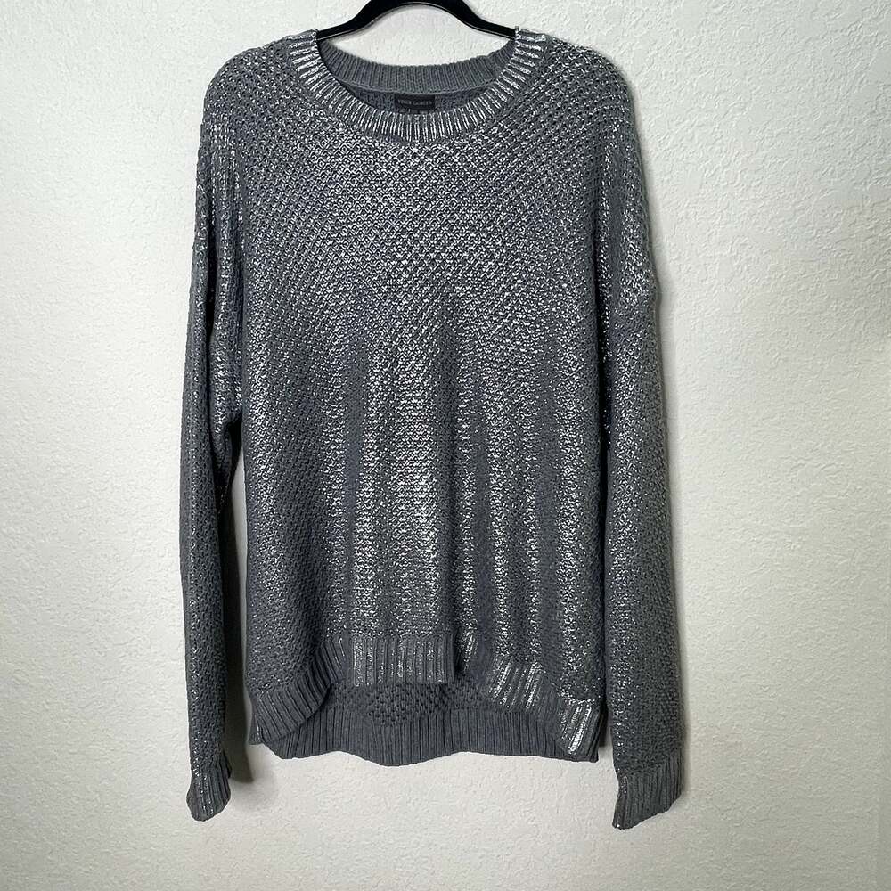 Vince Camuto Womens XL Metallic Silver Gray Open Knit Sweater Asymmetrical Hem